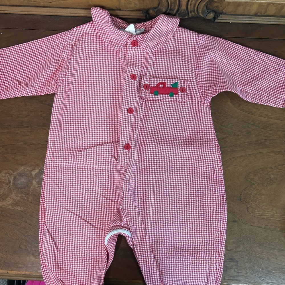 Funtasia too Dallas, Red Checkered Baby Romper w/ Christmas Car Design, Size 9m